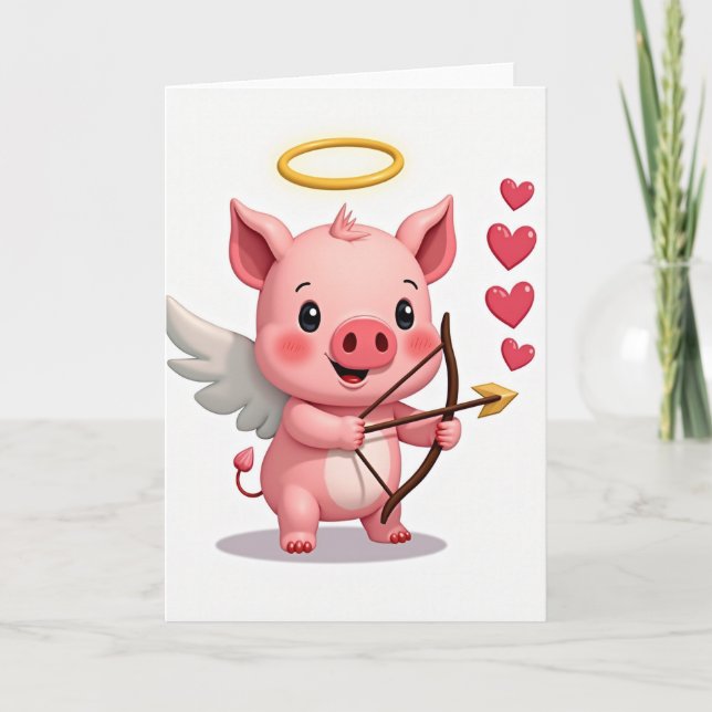 Carte de la Saint-Valentin Cochon Cupidon Mignonne (Devant)