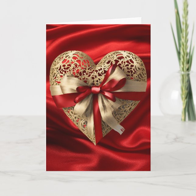 Carte de la Saint-Valentin Cœur en Or Ruban Rouge (Devant)