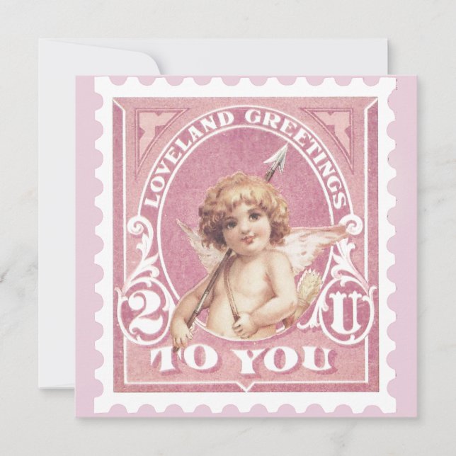 Carte de la Saint-Valentin Cupidon Rose Timbre Fêt (Devant)