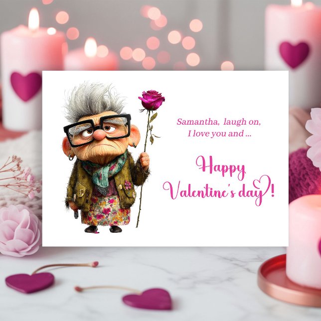 Carte de la Saint-Valentin de Dame Âgée Drôle et F (Funny Bored Old Lady Valentine Card Whimsical)