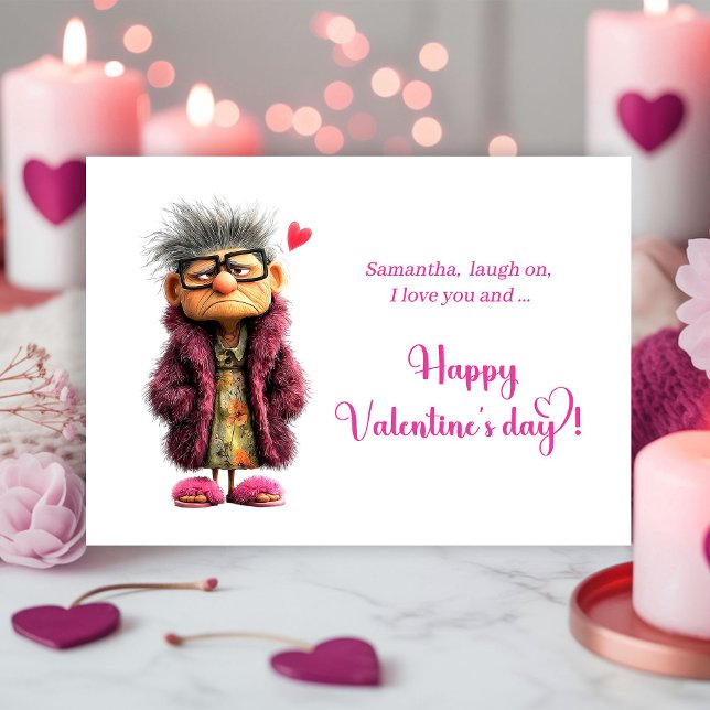 Carte de la Saint-Valentin de Dame âgée grincheuse (Funny Grumpy Old Lady Valentine Card in Hot Pink)