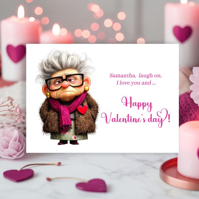 Carte de la Saint-Valentin de Dame Grincheuse Drôl (Funny Grumpy Lady Valentine Card Bold Pink Art)