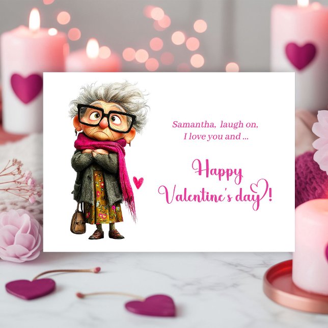 Carte de la Saint-Valentin drôle de vieille dame e (Funny Angry Old Lady Valentine Card Hot Pink)