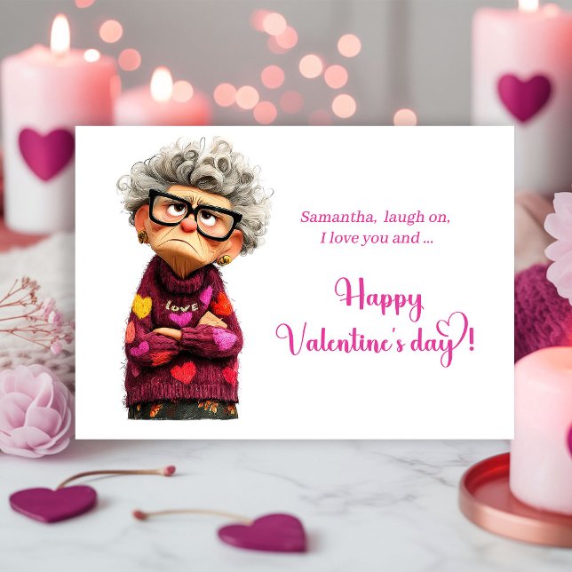 Carte de la Saint-Valentin drôle et excentrique de (Funny Quirky Grumpy Lady Valentine’s Day Card)