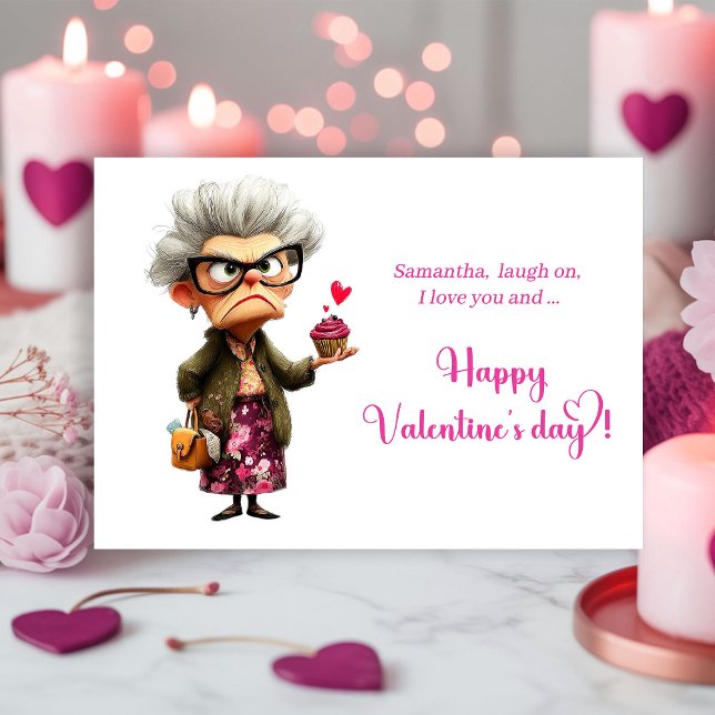 Carte de la Saint-Valentin drôle et fantaisiste po (Funny Whimsical Grumpy Lady Valentine Card)