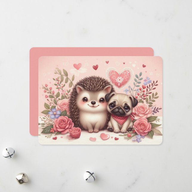 Carte de la Saint-Valentin Hérisson et Pug Adorabl (Devant/Arrière en situation)