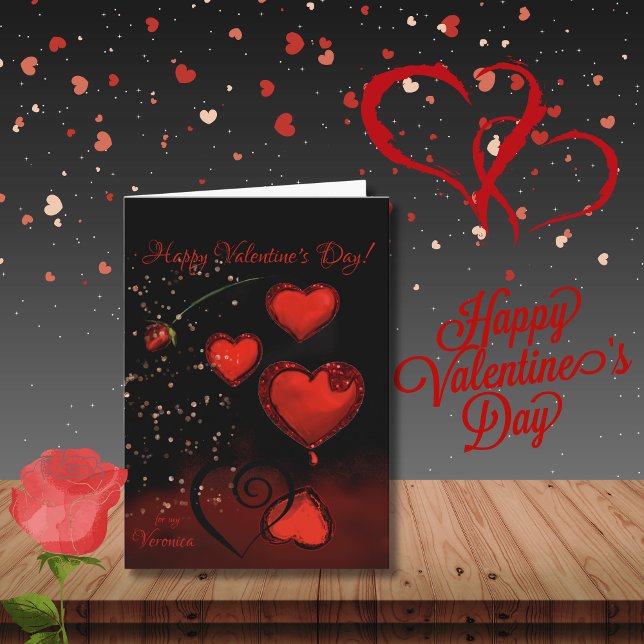 Carte de la Saint-Valentin 'Noir avec coeurs rouge (Black with Red Hearts Valentine Holiday Card)