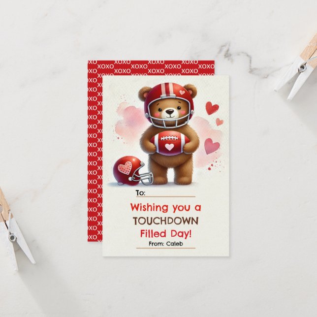 Carte de la Saint-Valentin ours en peluche footbal (Devant/Arrière en situation)