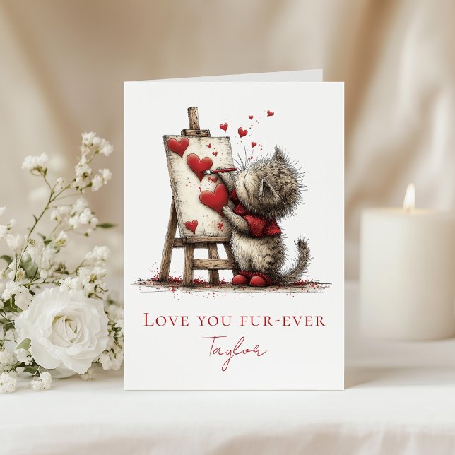 Carte de la Saint-Valentin pour chat mignon - Je t (Cute Cat Valentine’s Day Card – Love You Fur-ever on a table with white flowers and a candle.)