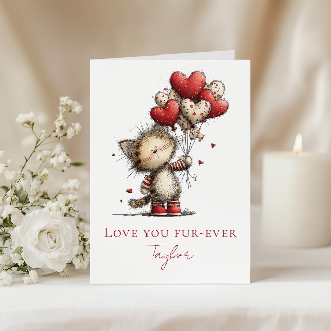 Carte de la Saint-Valentin pour un chaton mignon – (Cute Kitten Valentine Card – Love You Fur-Ever on a table with white flowers)