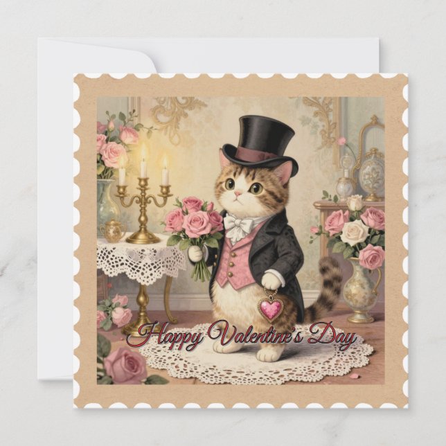Carte de la Saint-Valentin vintage - Chat au chape (Devant)