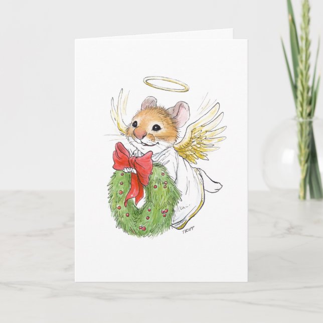 Carte de la souris ange de Noël avec couronne (Devant)