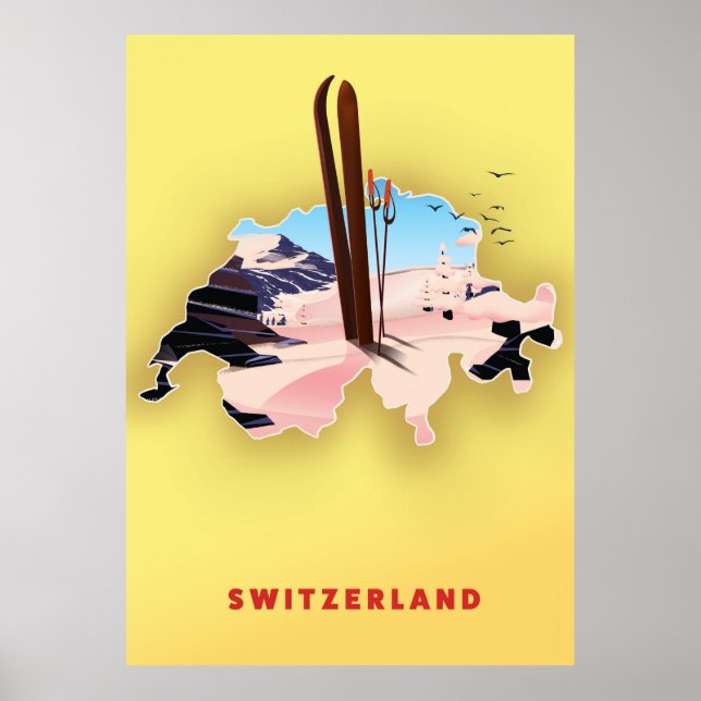 Carte de la Suisse Affiche de voyage de ski. (Devant)