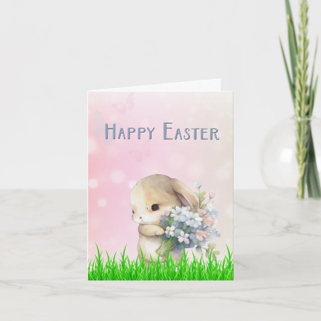 Carte de Lapin de Pâques avec Fleurs Roses et Bleu (Devant)