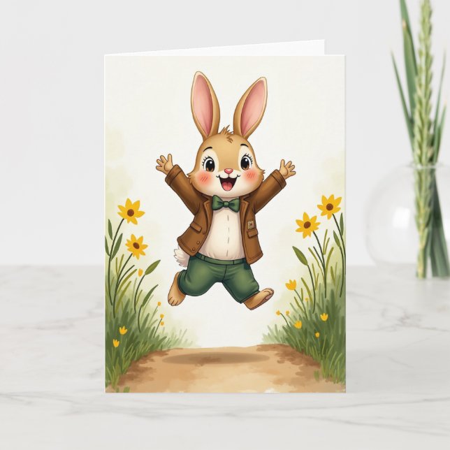 Carte de Lapin Joyeux Sautant (Devant)