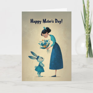 Carte de Lapin Timide Offrant des Fleurs à Maman