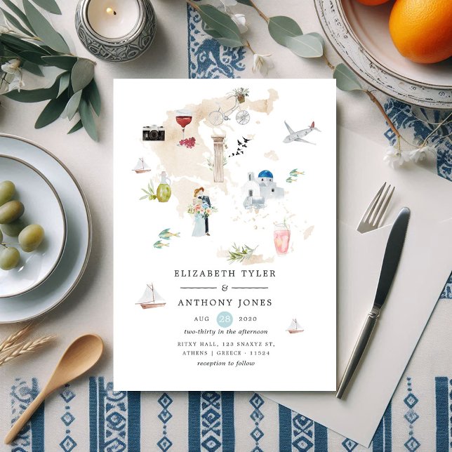 Carte de l'aquarelle de la Grèce Mariage de destin (Watercolor Map of Greece Destination Wedding Invitation)