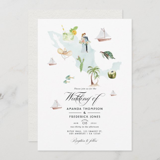 Carte de l'aquarelle du Mexique Destination Mariag (Devant / Derrière)