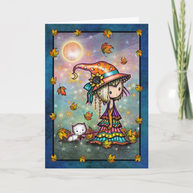 Carte de l'art de la sorcière adorable et du chat  (Devant)