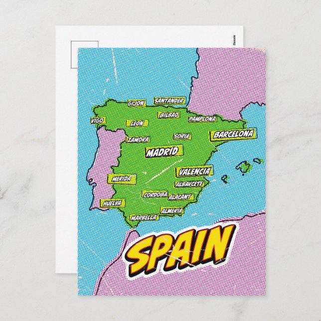 Carte de l'Espagne illustrée par Pop Art (Devant / Derrière)