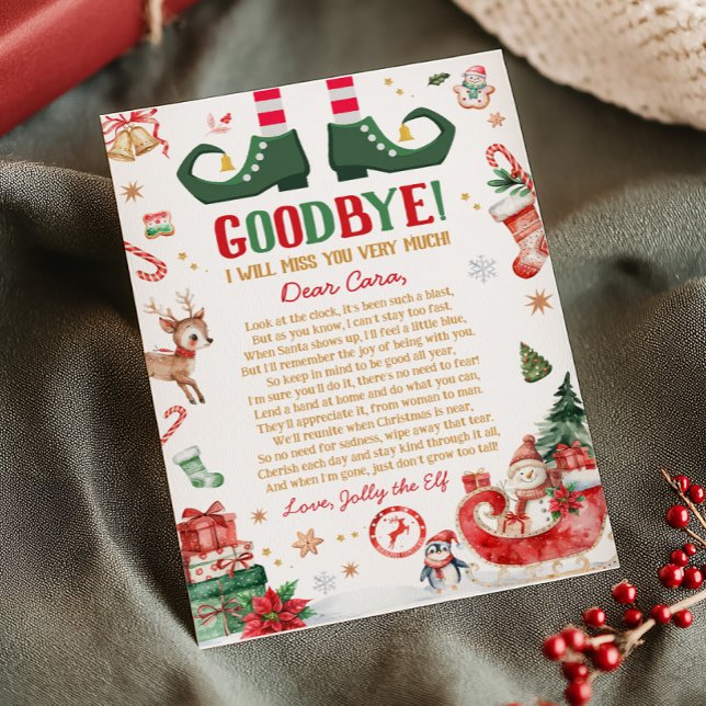 Carte de lettre d'adieu d'au revoir de l'elfe de N (Elf Christmas Goodbye Letter Card)