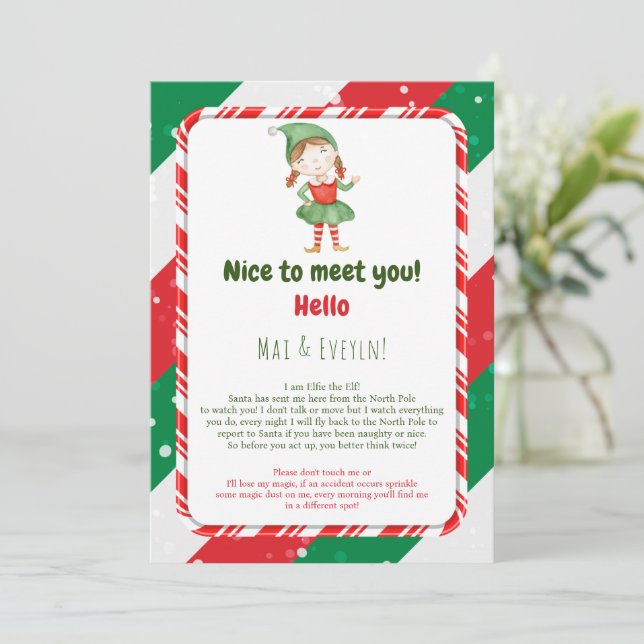 Carte de lettre de bienvenue de lutin de Noël fill (Debout devant)