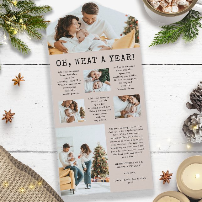 Carte de lettre d'information de vacances pliable  (Oh, What A Year Christmas New Year Holiday Newsletter Card - Tan and Black)
