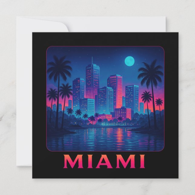 Carte de lever de lune à Miami - Skyline néon (Devant)