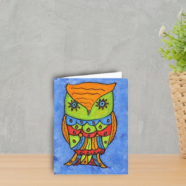 Carte de l'Hibou Abstrait (Bright Colourful fantasy owl neon colours star eyes on blue notecard.)