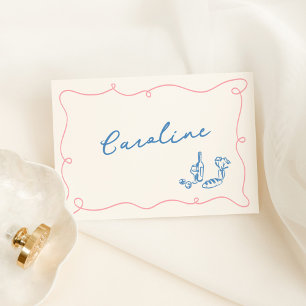 Carte de lieu bleu et rose à main blanche