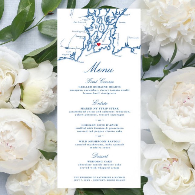 Carte de l'île de Newport Rhode Élégant Script de  (Newport RI Wedding Menu with Elegant navy Blue Narragansett Bay Map from Coastal Map Designs)