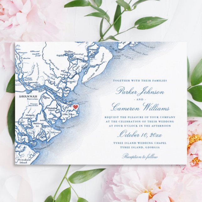 Carte de l'île de Tybee Bleu Nuit Mariage (Elegant Tybee Island Georgia Wedding Invitation with navy blue map from Coastal Map Designs)