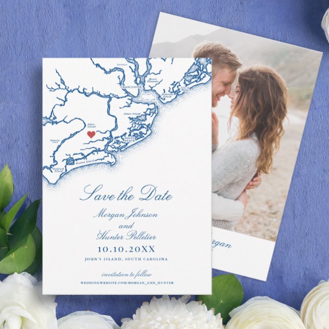 Carte de l'île Johns SC Élégant mariage bleu marin (Johns Island SC Map Wedding Save the Date with Photo in Elegant Navy Blue by Coastal Map Designs)