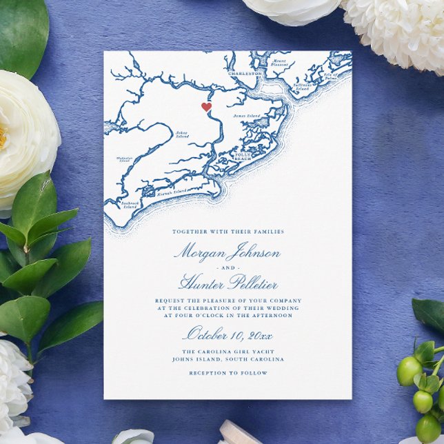 Carte de l'île Johns SC Élégant mariage bleu marin (Johns Island SC Map Wedding Invitation in Elegant Navy Blue by Coastal Map Designs)