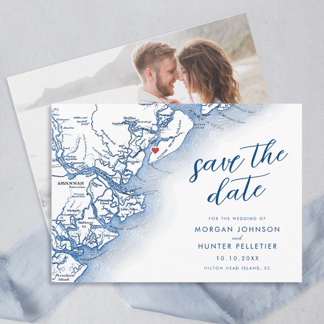 Carte de l'île moderne de Hilton-Head en Caroline  (Hilton Head Island SC map Wedding Photo Save the Date in Modern Navy Blue by Coastal Map Designs)