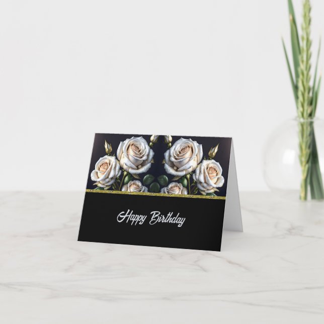 Carte De magnifiques roses blanches aux détails dorés, é (Devant)