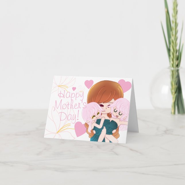 Carte de maman dessin animé avec ses jumeaux (Devant)