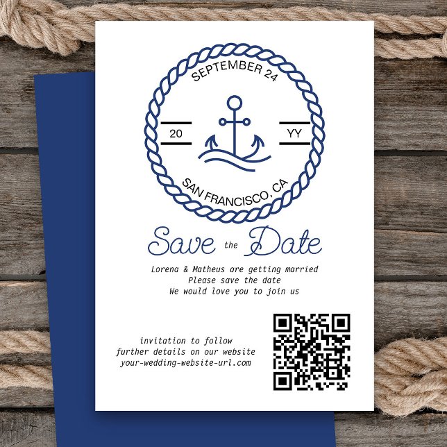 Carte de mariage à code QR d'ancre nautique Enregi (Nautical Wedding Save the Date Card with QR Code)
