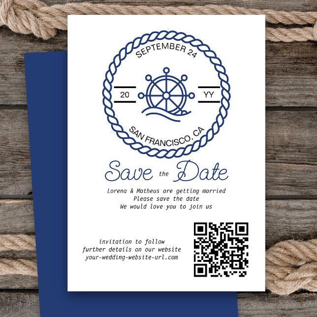 Carte de mariage à code QR de roue nautique Enregi (Nautical Wedding Save the Date Card with QR Code)