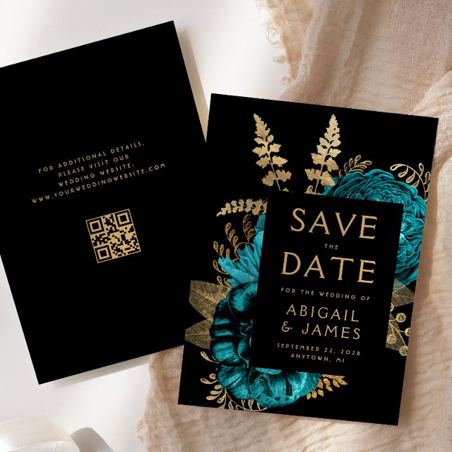 Carte de mariage à code QR Turquoise Floral Save t (Créateur téléchargé)