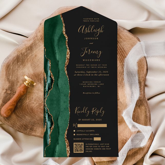 Carte de mariage à code QR vert émeraude foncé (Créateur téléchargé)