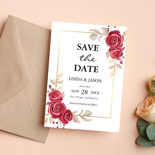 Carte de mariage à encadrer d'or avec fleurs rouge (Créateur téléchargé)