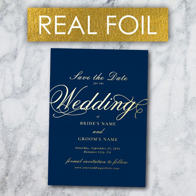 Carte de mariage à feuille d'or véritable Navy Blu (Real Gold Foil Wedding Navy Blue Save the Date Foil Invitation)