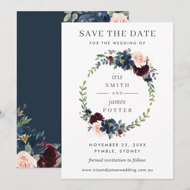 Carte de mariage à fleurs Burgundy Navy pour annon (Devant / Derrière)