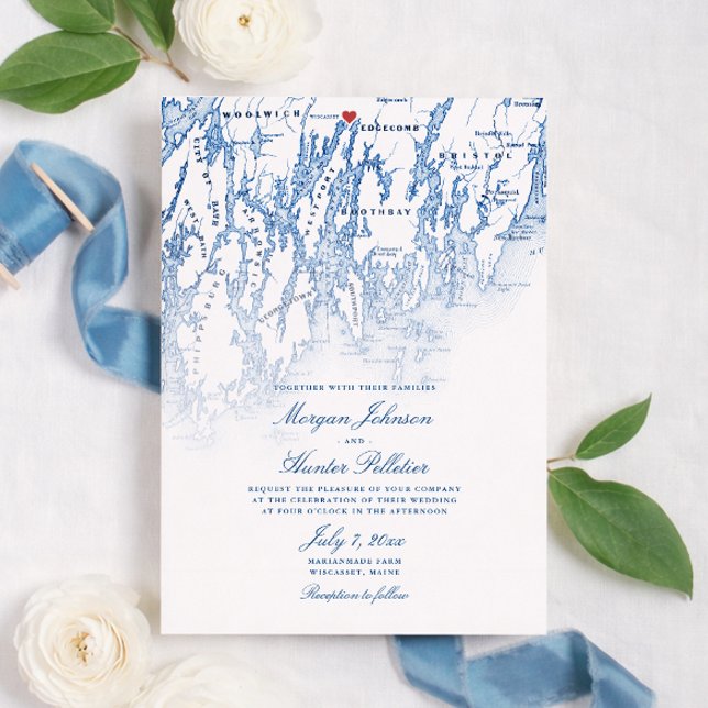 Carte de mariage à la ferme Marianmade à Wiscasset (Marianmade Farm Wedding Wiscasset Maine Map Invitation in elegant navy blue by Coastal Map Designs)