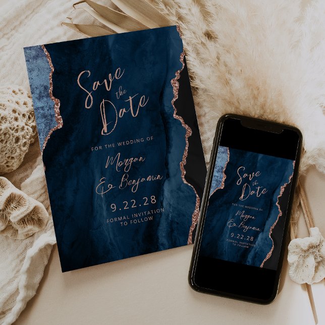 Carte de mariage à l'agate bleu marine et or rose  (Créateur téléchargé)