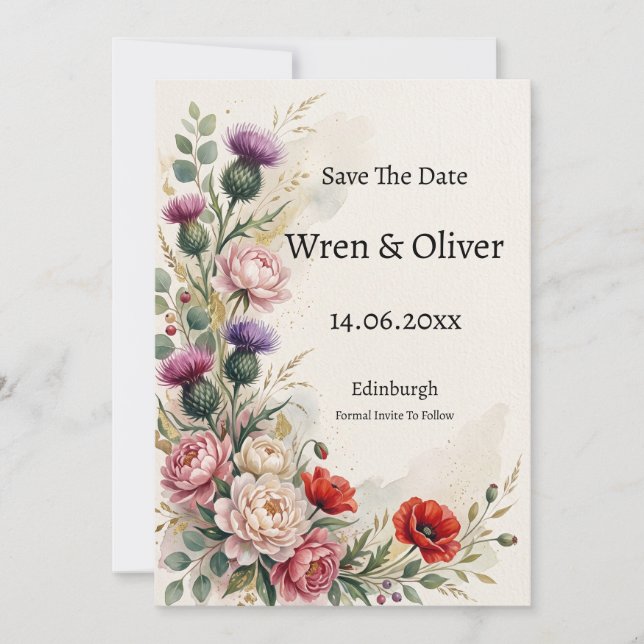 Carte de mariage à l'aquarelle avec chardon, pivoi (Devant)