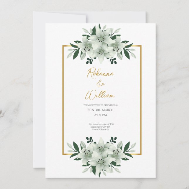 carte de mariage à l'aquarelle blancs poussiéreux  (Devant)
