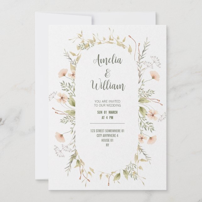 carte de mariage à l'aquarelle verte fantaisiste à (Devant)