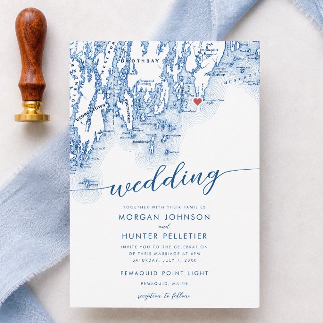 Carte de mariage à Pemaquid Point Light Maine (Pemaquid Point Light Wedding Invitation Navy Blue Maine Map by Coastal Map Designs)